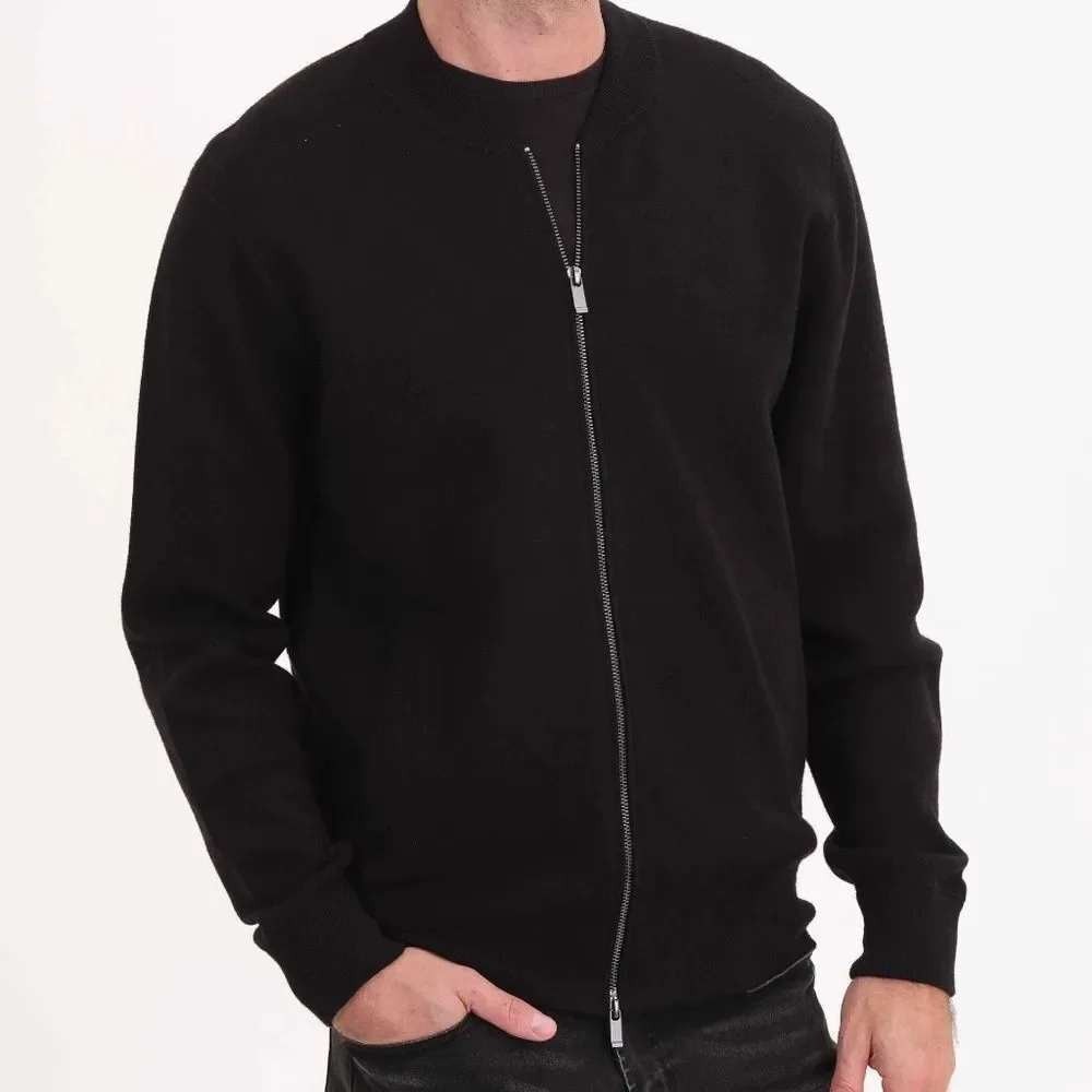 Elie Tahari Full Zip Bomber Cardigan Sweater Mens Sz M Black Viscose Blend Knit